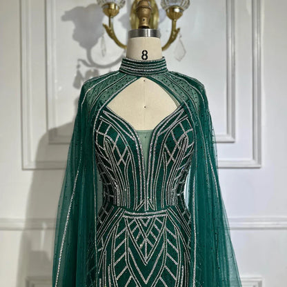 Luxury Dubai   Saudi Green Mermaid Arabic Evening Dresses with Beaded Cape Sleeves for Formal Occasion LA72838