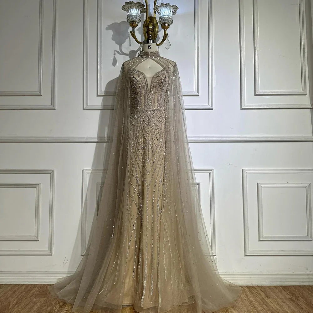 Luxury Dubai   Saudi Green Mermaid Arabic Evening Dresses with Beaded Cape Sleeves for Formal Occasion LA72838