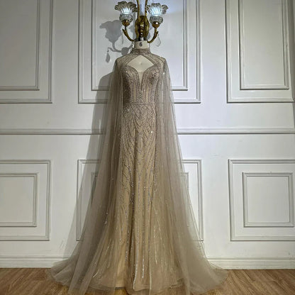 Luxury Dubai   Saudi Green Mermaid Arabic Evening Dresses with Beaded Cape Sleeves for Formal Occasion LA72838
