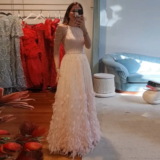 Luxury Dubai   Saudi Luxury Pink Feathers A Line Arabic Beaded Evening Dress Gown for Formal Occasion LA72721