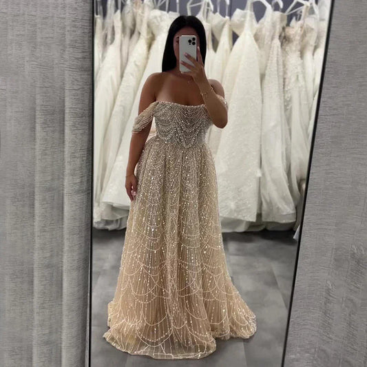 Luxury Nude A-Line Evening Gown with Pearl Beading LA72738A