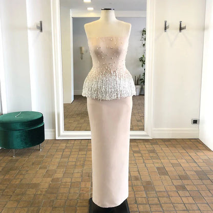 Luxury Dubai   Saudi Nude Pink Arabic Mermaid Evening Dresses Gowns Beaded Tassel for Occasion LA72804