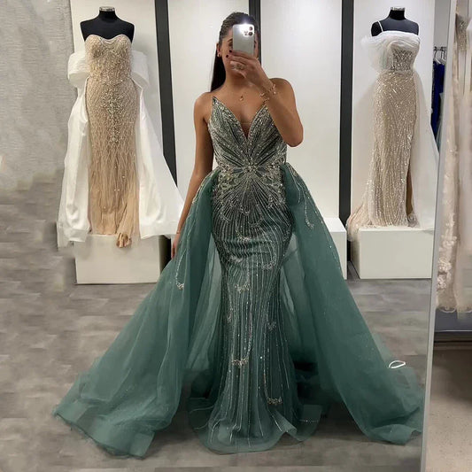 Luxury Turquoise Mermaid Evening Dress with Overskirt LA72880