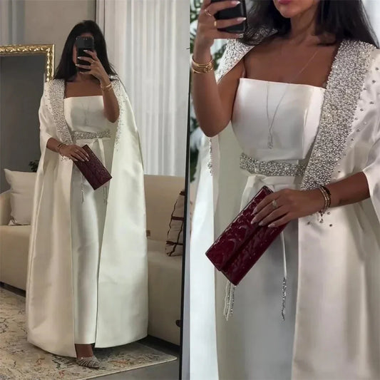 Luxury Dubai   White Mermaid Satin Arabic Evening Dresses Gowns with Long Cape for Formal Occasion LA72825