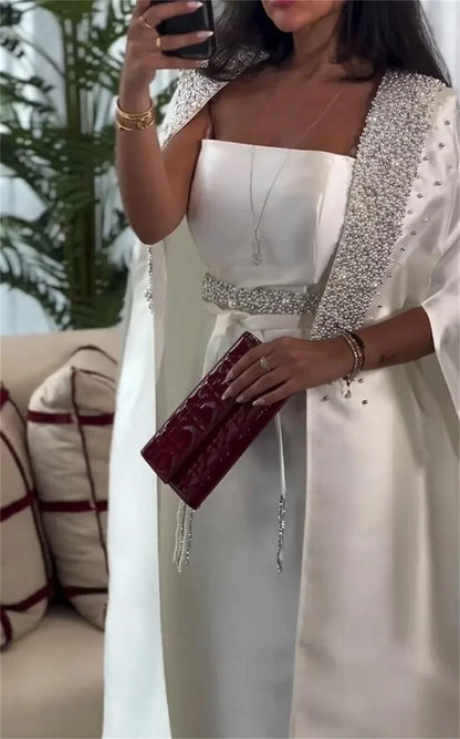 Luxury Dubai   White Mermaid Satin Arabic Evening Dresses Gowns with Long Cape for Formal Occasion LA72825