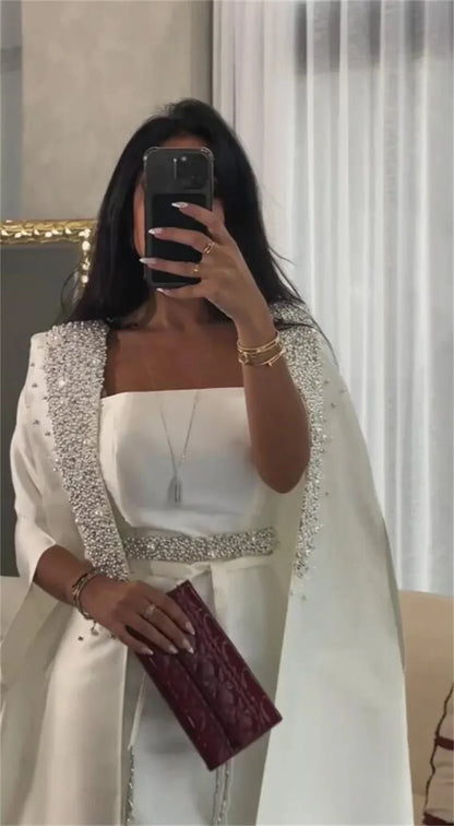 Luxury Dubai   White Mermaid Satin Arabic Evening Dresses Gowns with Long Cape for Formal Occasion LA72825