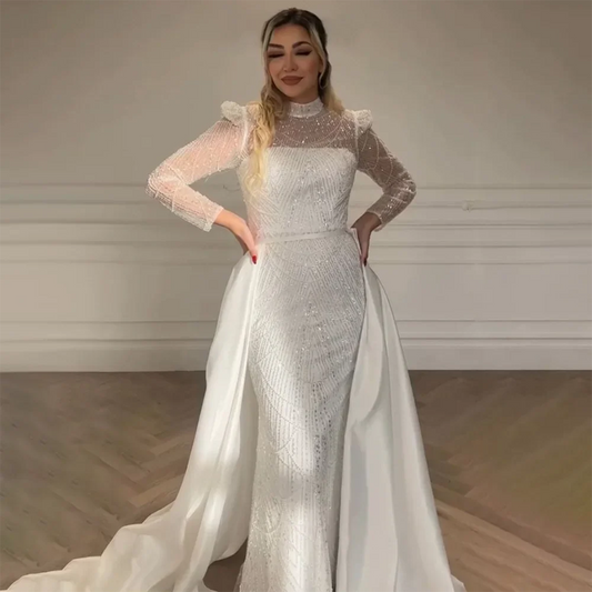 Luxury Dubai   White Muslim Mermaid Evening Dress Gown with Detachable Overskirt for Formal Occasion LA72032L