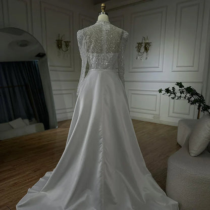 Luxury Dubai   White Muslim Mermaid Evening Dress Gown with Detachable Overskirt for Formal Occasion LA72032L