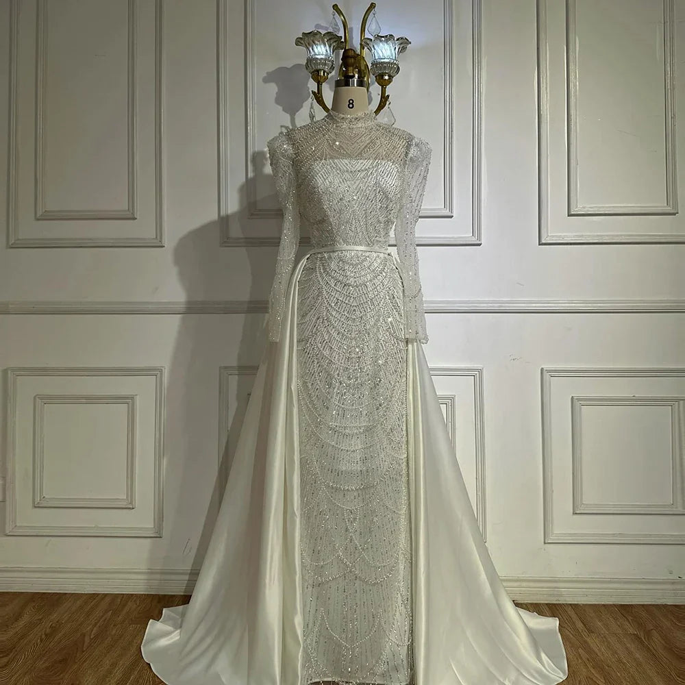 Luxury Dubai   White Muslim Mermaid Evening Dress Gown with Detachable Overskirt for Formal Occasion LA72032L