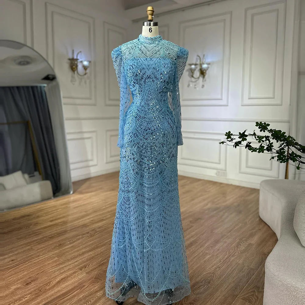 Luxury Dubai   White Muslim Mermaid Evening Dress Gown with Detachable Overskirt for Formal Occasion LA72032L