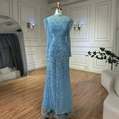 Luxury Dubai   White Muslim Mermaid Evening Dress Gown with Detachable Overskirt for Formal Occasion LA72032L