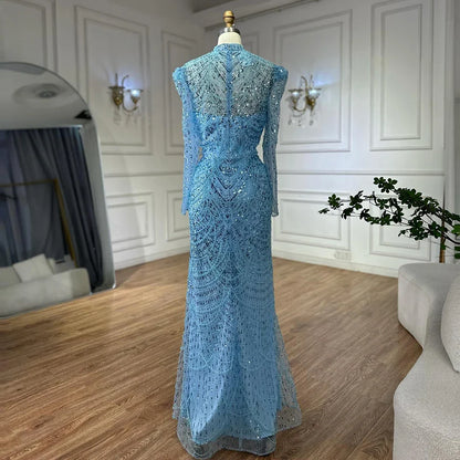 Luxury Dubai   White Muslim Mermaid Evening Dress Gown with Detachable Overskirt for Formal Occasion LA72032L