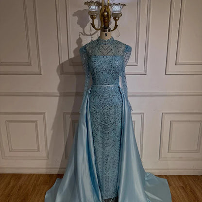 Luxury Dubai   White Muslim Mermaid Evening Dress Gown with Detachable Overskirt for Formal Occasion LA72032L