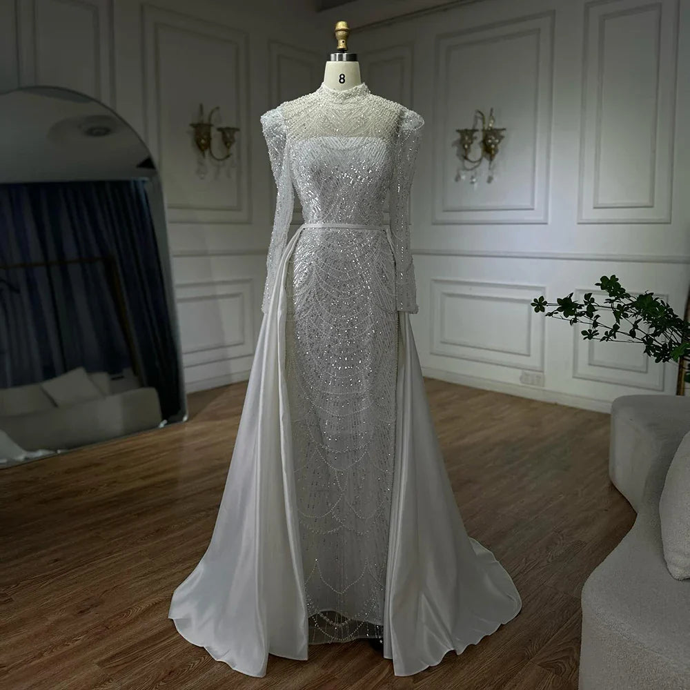 Luxury Dubai   White Muslim Mermaid Evening Dress Gown with Detachable Overskirt for Formal Occasion LA72032L