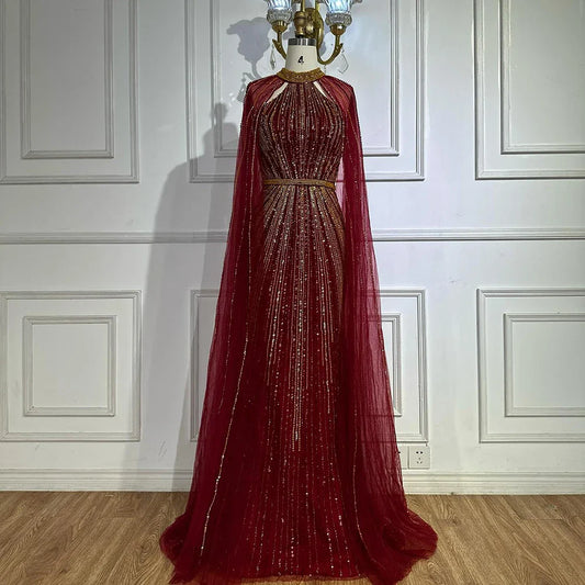 Luxury Dubai   Wine Red Beaded Mermaid Saudi Evening Dress with Cape for Formal Occasion LA72707A