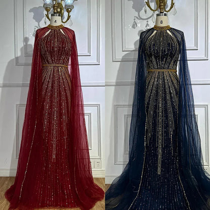 Luxuriöses Dubai Weinrot Perlenbesetztes Meerjungfrau-Abendkleid aus Saudi-Arabien mit Umhang für formelle Anlässe LA72707A 