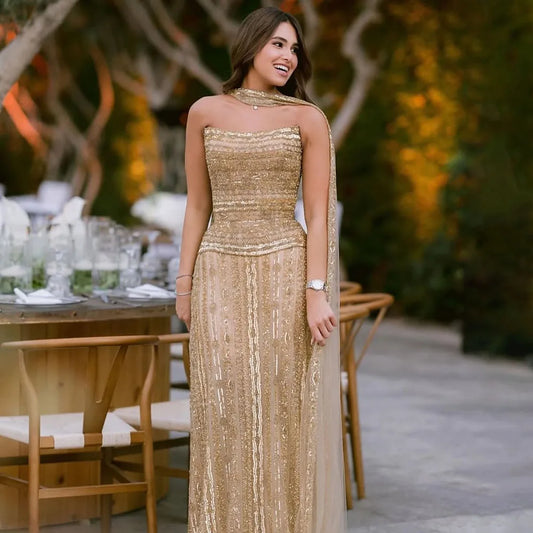 Luxury Dubai Caramel A-Line Beaded Evening Dress LA72873