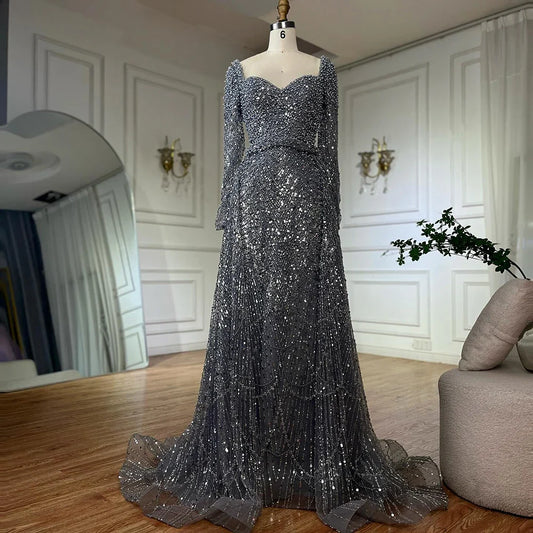 Luxury Dubai  Saudi Arabic Gray Mermaid Beaded With Overskirt Evening Dresses Gowns For Formal Occasion LA72849