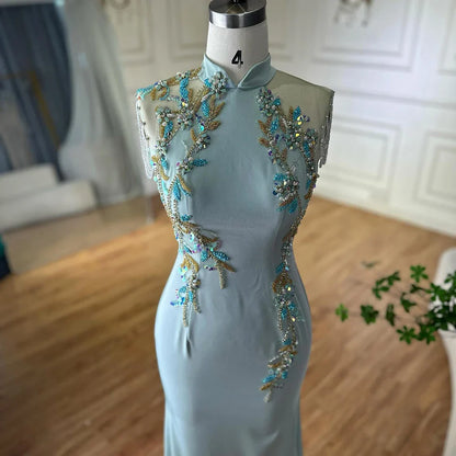 Luxury Dubai  Saudi Mint Mermaid Beaded Tassel Satin Evening Dress Gown with Corset for Formal Occasion LA72797B
