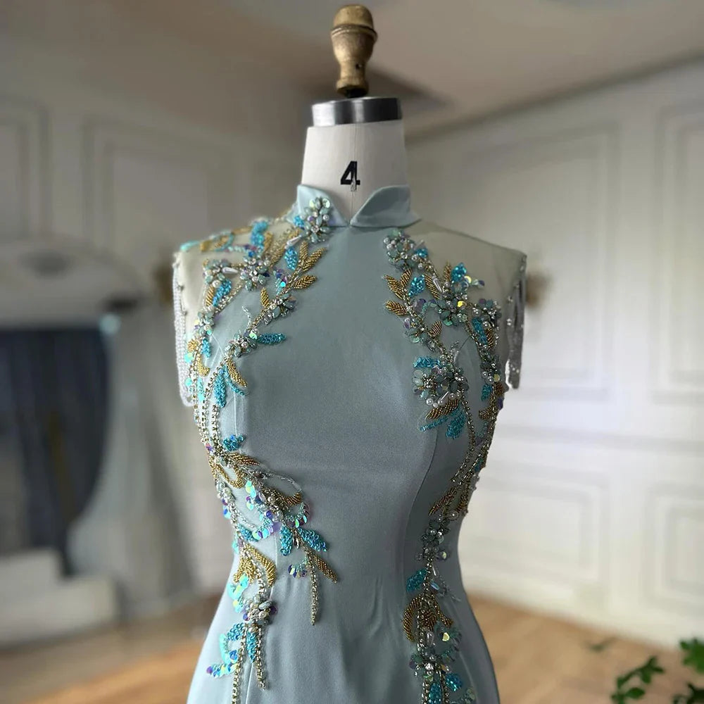 Luxury Dubai  Saudi Mint Mermaid Beaded Tassel Satin Evening Dress Gown with Corset for Formal Occasion LA72797B