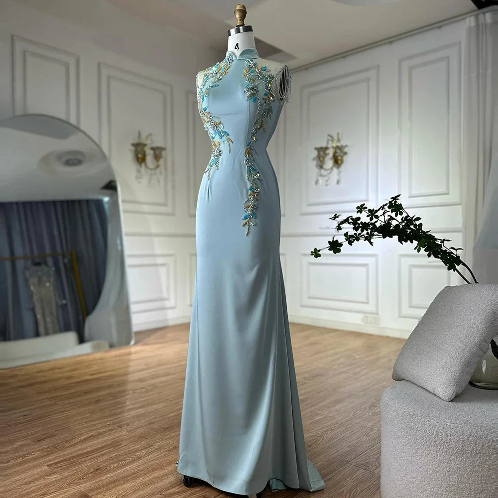 Luxury Dubai  Saudi Mint Mermaid Beaded Tassel Satin Evening Dress Gown with Corset for Formal Occasion LA72797B