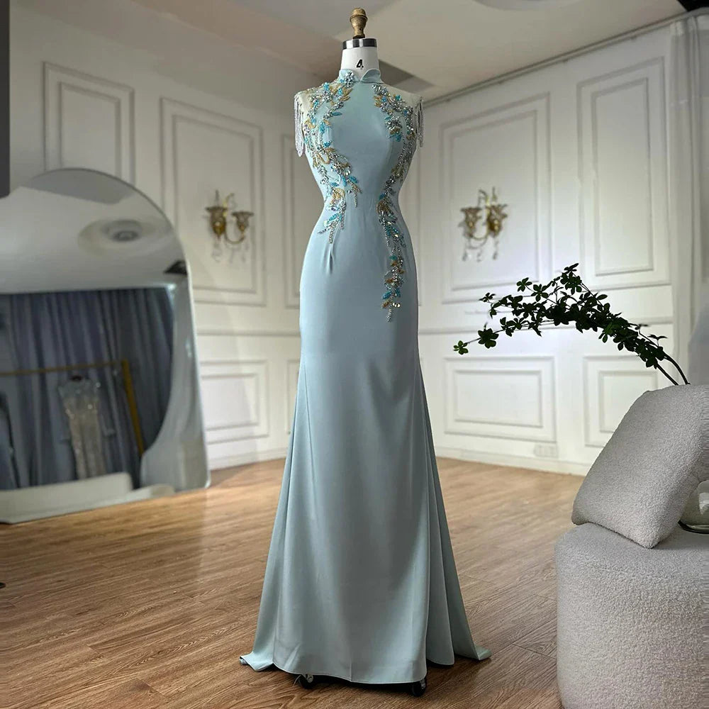 Luxury Dubai  Saudi Mint Mermaid Beaded Tassel Satin Evening Dress Gown with Corset for Formal Occasion LA72797B