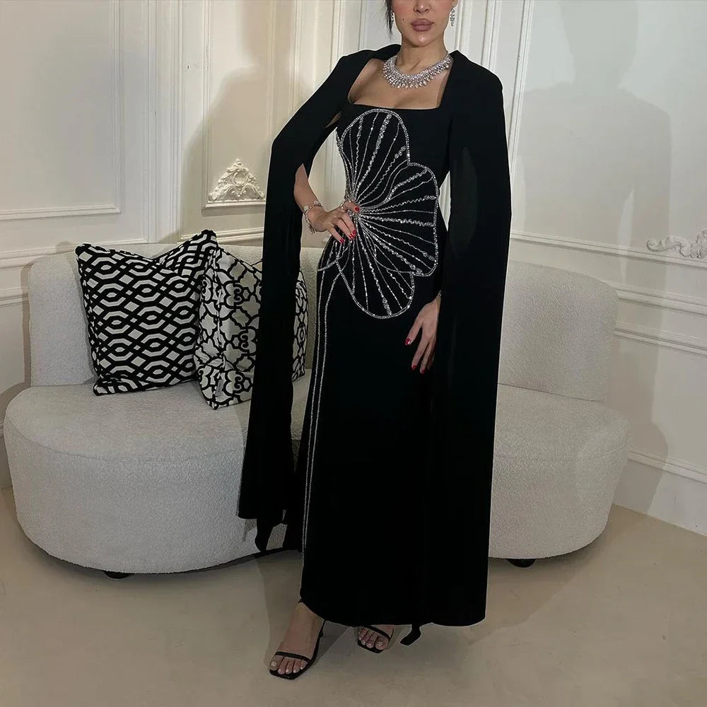 Elegant Black Luxury Beaded Arabic Evening Dress with Cape Sleeves LA72461