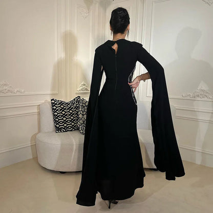 Elegant Black Luxury Beaded Arabic Evening Dress with Cape Sleeves LA72461