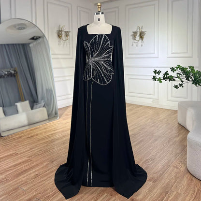 Elegant Black Luxury Beaded Arabic Evening Dress with Cape Sleeves LA72461
