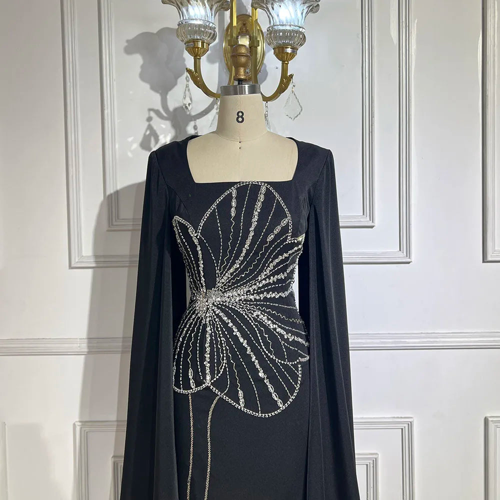 Elegant Black Luxury Beaded Arabic Evening Dress with Cape Sleeves LA72461