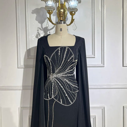 Elegant Black Luxury Beaded Arabic Evening Dress with Cape Sleeves LA72461