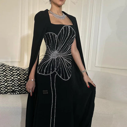 Elegant Black Luxury Beaded Arabic Evening Dress with Cape Sleeves LA72461