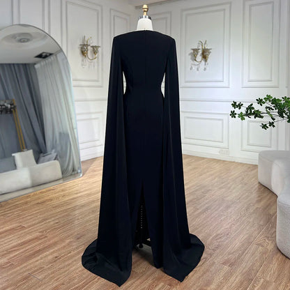 Elegant Black Luxury Beaded Arabic Evening Dress with Cape Sleeves LA72461