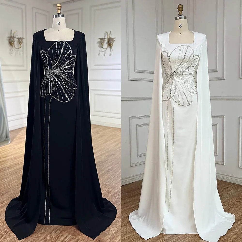 Elegant Black Luxury Beaded Arabic Evening Dress with Cape Sleeves LA72461