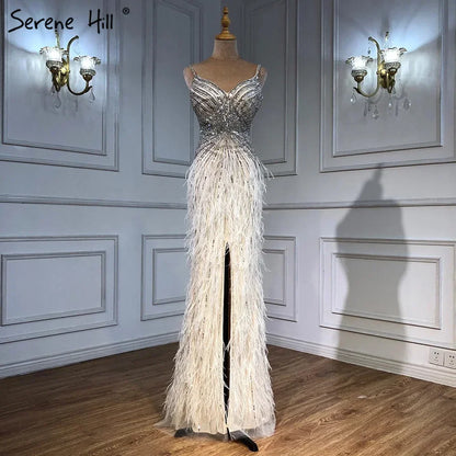 Luxury Classy blue Feathers Beaded Mermaid Prom Dress with Split LA70623