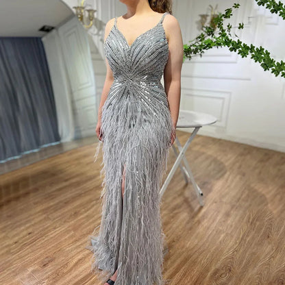 Luxury Classy blue Feathers Beaded Mermaid Prom Dress with Split LA70623