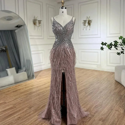 Luxury Classy blue Feathers Beaded Mermaid Prom Dress with Split LA70623