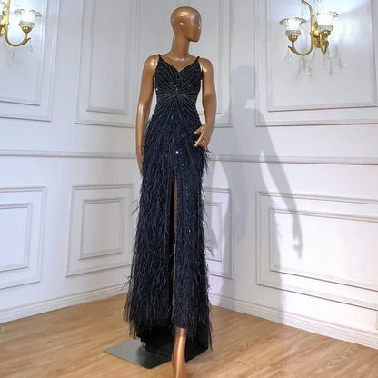 Luxury Classy blue Feathers Beaded Mermaid Prom Dress with Split LA70623
