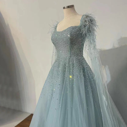 Luxury Blue A-Line Feathers Beaded Evening Dress with Cape Sleeves LA71782A