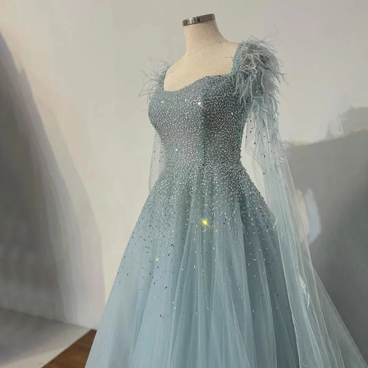 Luxury Blue A-Line Feathers Beaded Evening Dress with Cape Sleeves LA71782A