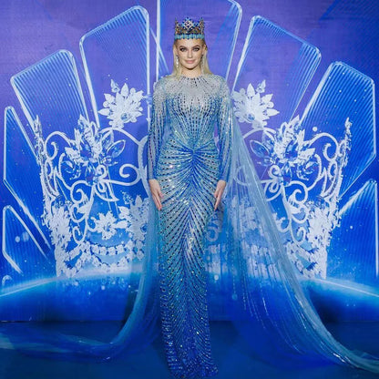 Luxury Dubai Arabic Blue Mermaid Elegant Evening Dresses Gowns Long  Beaded Luxury For Women Party LA71846