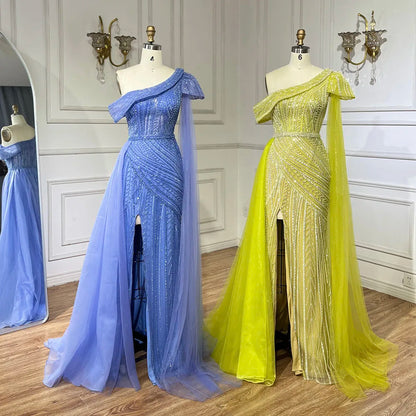 Luxury One Shoulder Blue Evening Dress with Overskirt LA72596