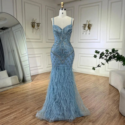 Serene Hill Arabic Blue Spaghetti Strap Feathers Beaded  Luxury Dubai Evening Dresses Gowns For Women Wedding Party 2025 LA72527