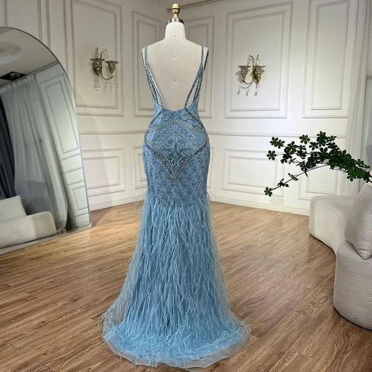 Serene Hill Arabic Blue Spaghetti Strap Feathers Beaded  Luxury Dubai Evening Dresses Gowns For Women Wedding Party 2025 LA72527