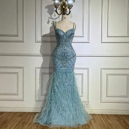 Serene Hill Arabic Blue Spaghetti Strap Feathers Beaded  Luxury Dubai Evening Dresses Gowns For Women Wedding Party 2025 LA72527