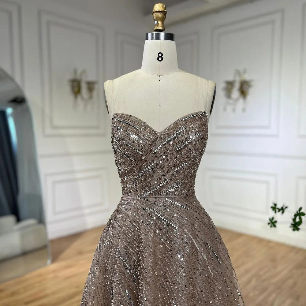 Serene Hill Arabic Caramel A Line Beaded Luxury Dubai Evening Dresses Gowns For Women Wedding Party 2025 LA72563