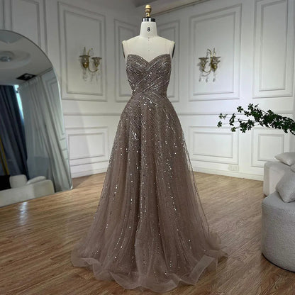 Serene Hill Arabic Caramel A Line Beaded Luxury Dubai Evening Dresses Gowns For Women Wedding Party 2025 LA72563