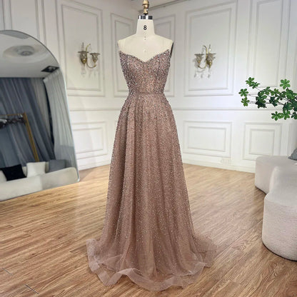 Serene Hill Arabic Caramel A-Line Elegant Luxury Beaded Long Evening Dress for Women - Wedding Party 2025 LA72147