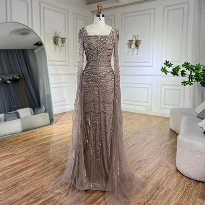 Luxury Beaded Caramel Evening Dress with Cape Sleeve LA72604