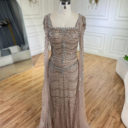 Luxury Beaded Caramel Evening Dress with Cape Sleeve LA72604